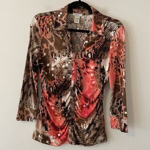 VTG Cache Ruched Button Front Collared Top S Stretch Animal Print Y2K Boho Artsy